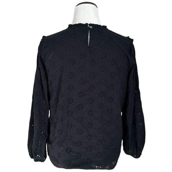 J. Crew High Neck Eyelet Cotton Blouse Lined Ruffled Neckline Elastic Sleeves M - Picture 2 of 12